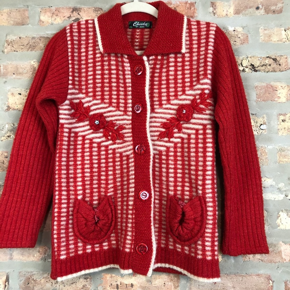Vintage 60's  Red & Cream Knit Button Cardigan S